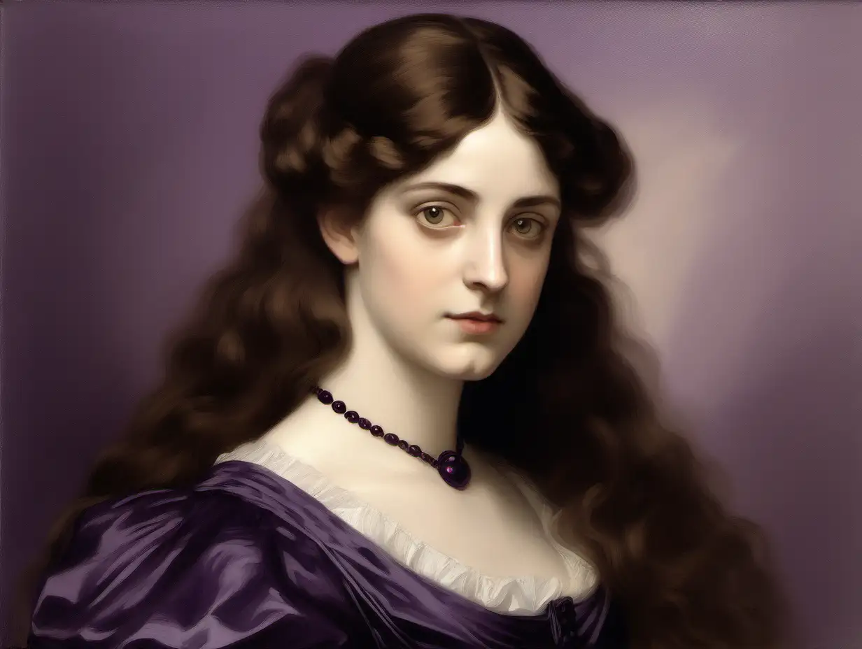Classical painting of a young victorian woman with long brown hair and hazel eyes, dressed in dark purple.