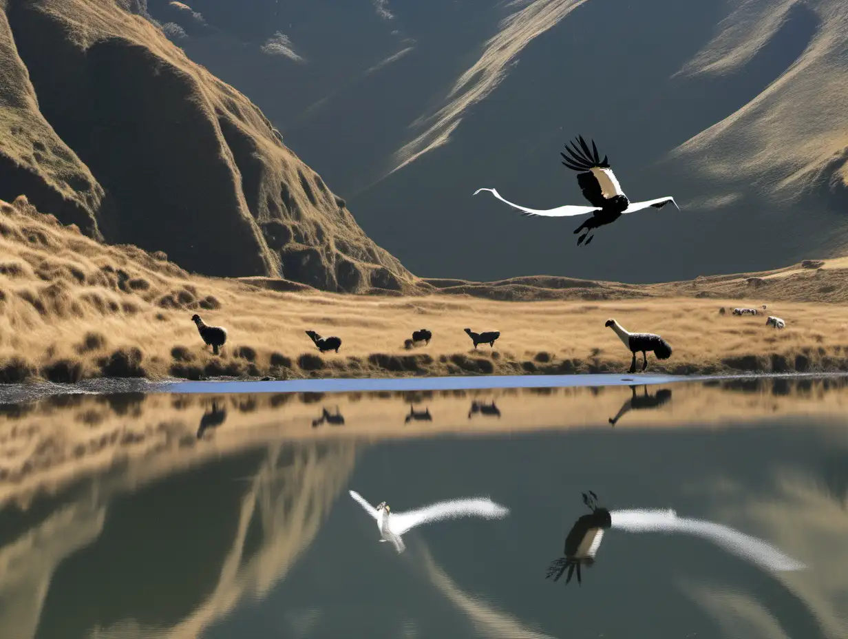 Generate an image of an andean condor in the Ecuadorian Andes flying over a lake in the paramo with llamas grazing by the lake in the morning