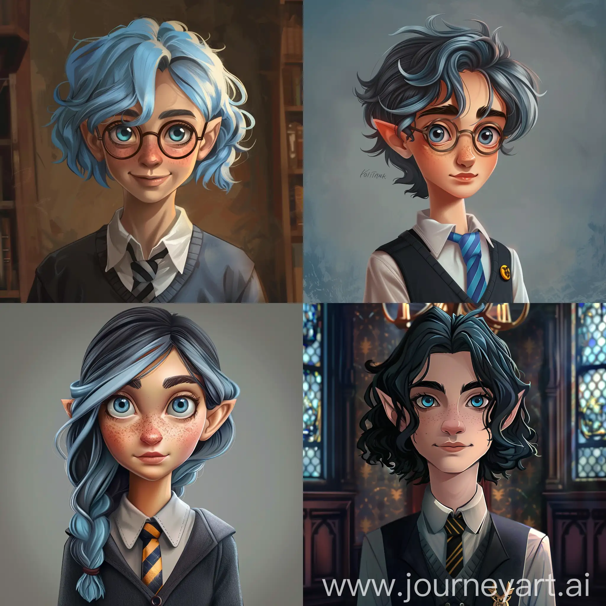 Wittman Kodak teenager, 12 years old,Hezel Eyes,Blue Strigh Hair, Hogwarts student, Grifindor, high quality, high detail, cartoon art