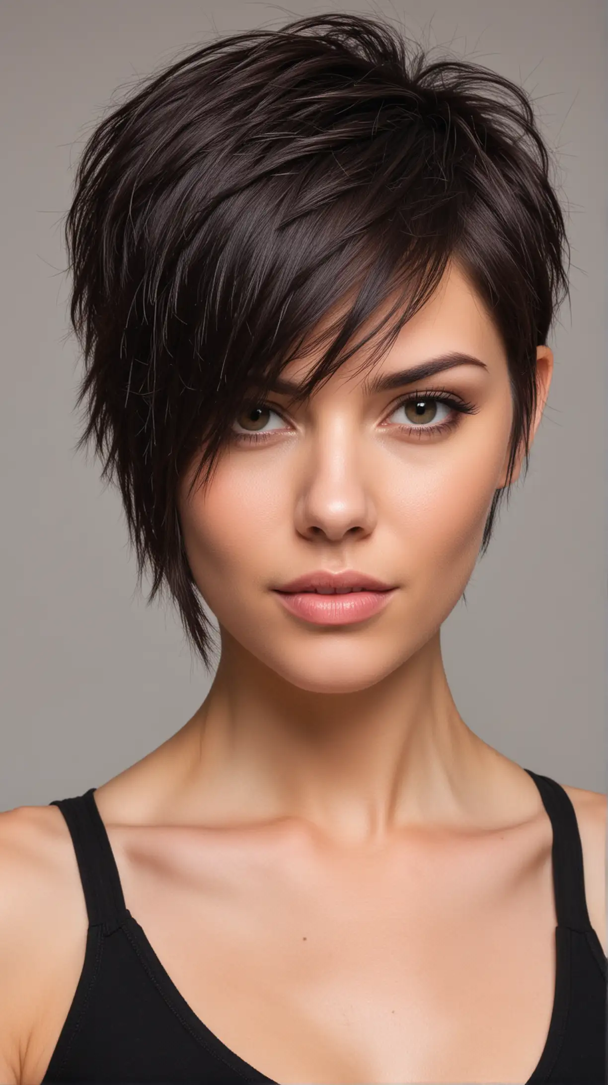 Beautiful girl model, haircut - Edgy Asymmetrical Cut, Medium hair, age 30 years old