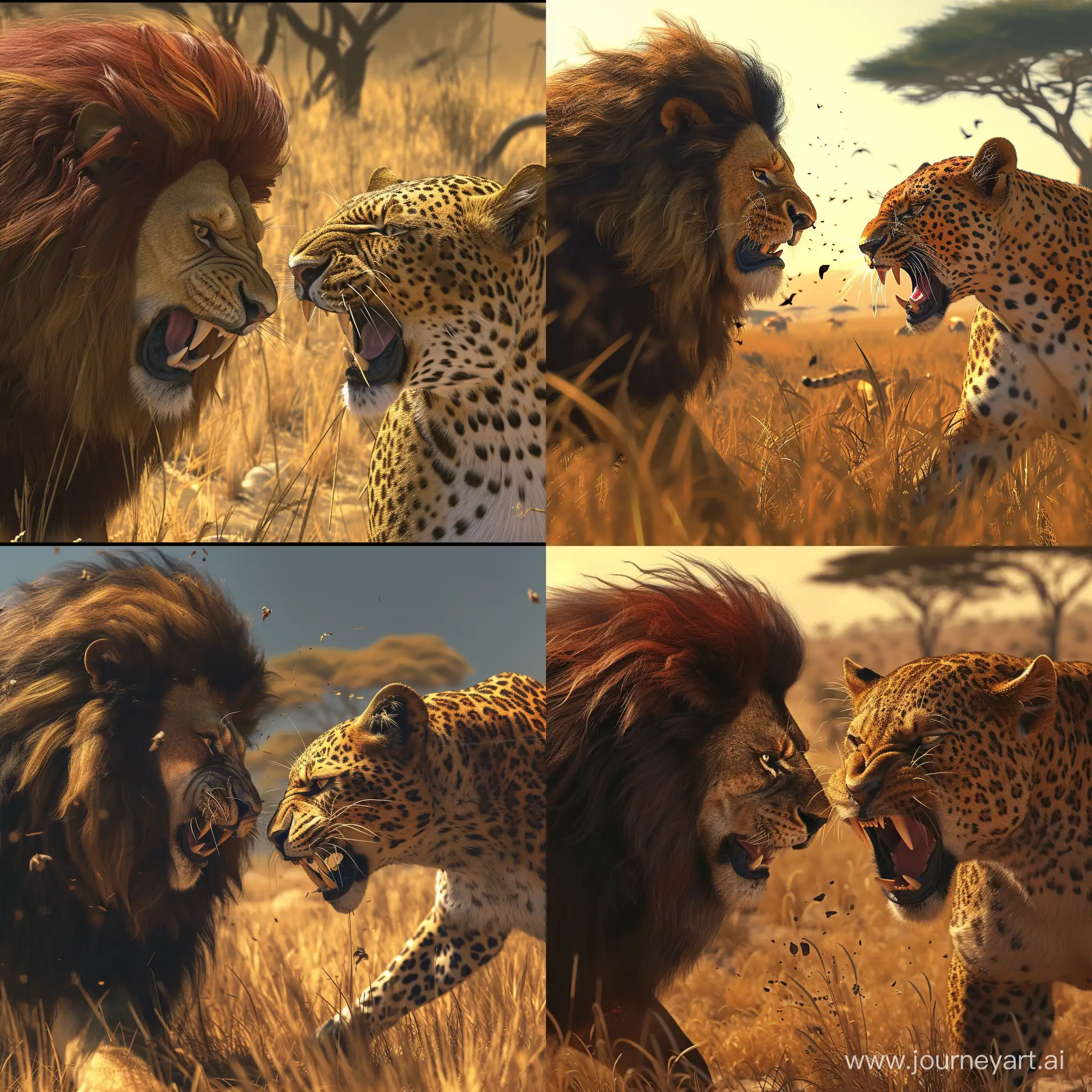 A lion and a leopard are depicted looking at each other very menacingly in a realistic photographic style, with the scene set in the heart of the African savanna. The lion, with its majestic mane and powerful stature, locks eyes with the sleek and agile leopard, both displaying aggressive postures and bared teeth. Their intense gazes convey a sense of primal rivalry and danger as they prepare to engage in a fierce confrontation. The environment is vibrant and dynamic, with tall grass and scattered acacia trees framing the scene against the backdrop of the expansive savanna. The art style prioritizes meticulous detail and lifelike rendering, capturing the texture of the lion's fur and the sleekness of the leopard's coat with remarkable authenticity. The camera angle is carefully chosen to capture the tension between the two predators, emphasizing their formidable presence in the wild. Rendered with high resolution and naturalistic lighting to enhance the realism of the scene.