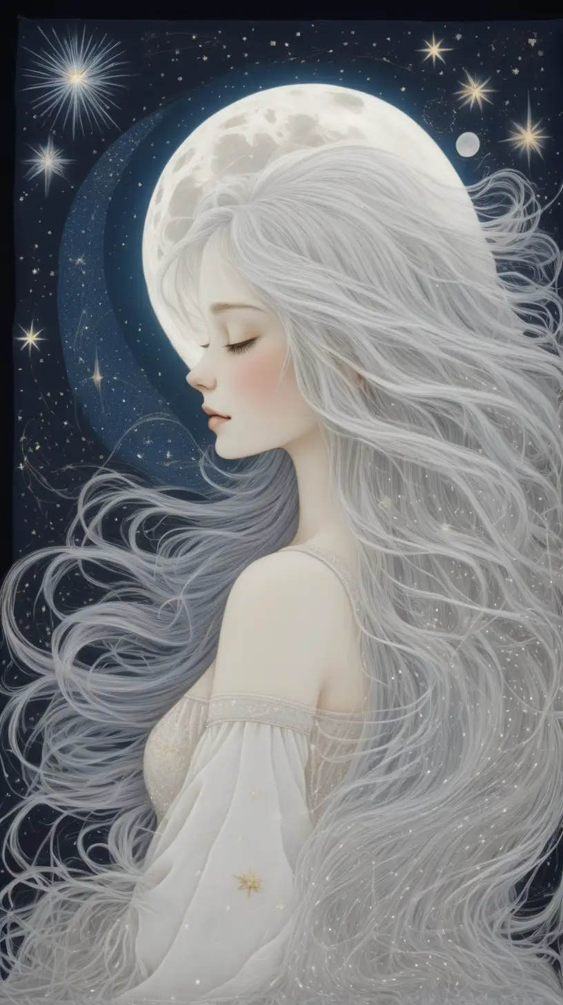 Celestial moonscape, Her sparkling hair made from moon beams, Annie sews happy dreams Woven with starlight, pure and white  “-v 6”