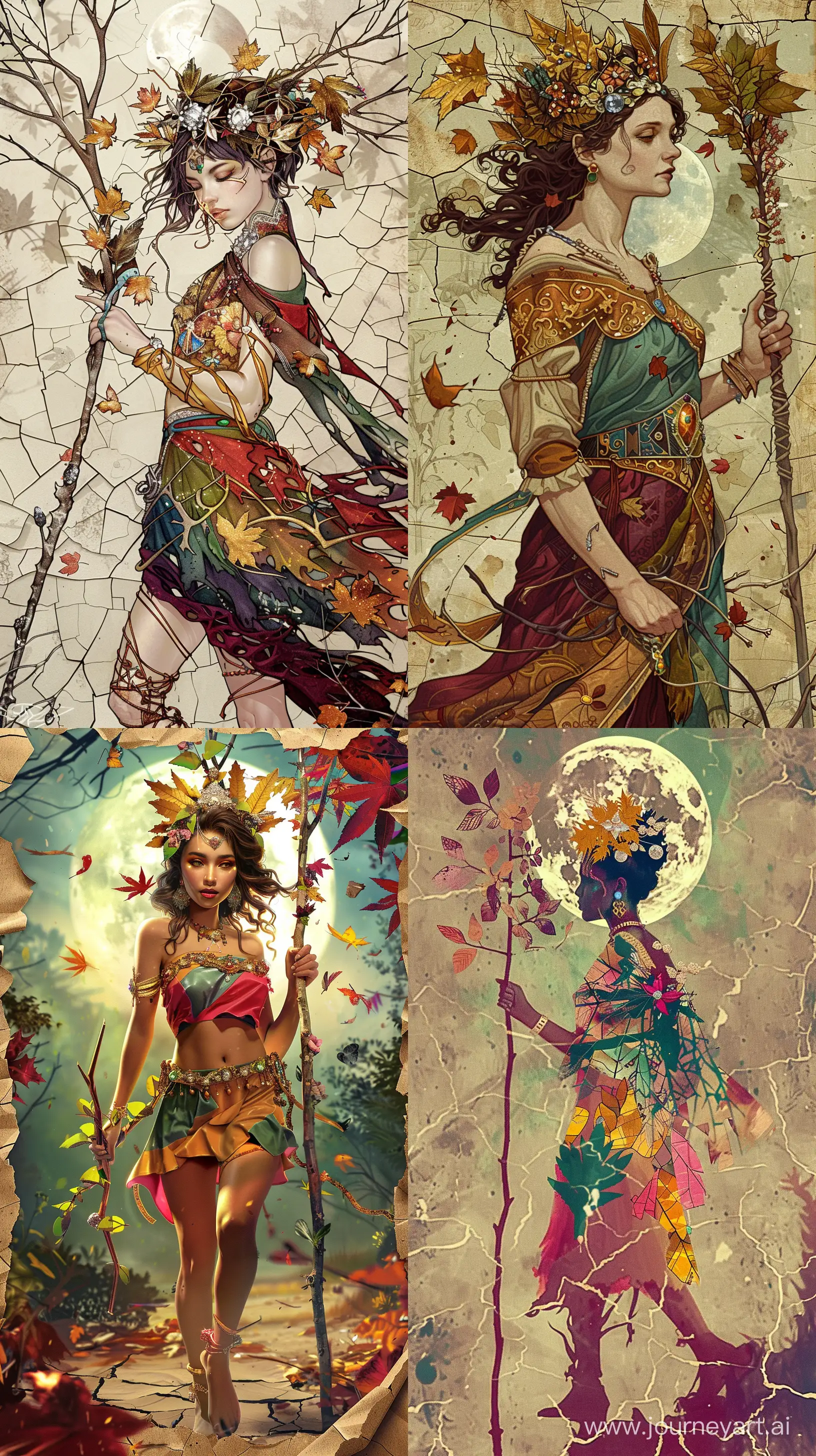 Queen of nature in a colorful tunic, ornate wreath on her head made of golden leaves and diamonds, holding a staff of leaves and flowers, walking through a mystical forest under the full moon, art on cracked paper, detailed fantasy illustration, cinematic, super high detail, fine details, beautiful detail, the mysticism of the moment and haze, amber and burgundy bright colors --ar 9:16 --v 6.0 --chaos 15
