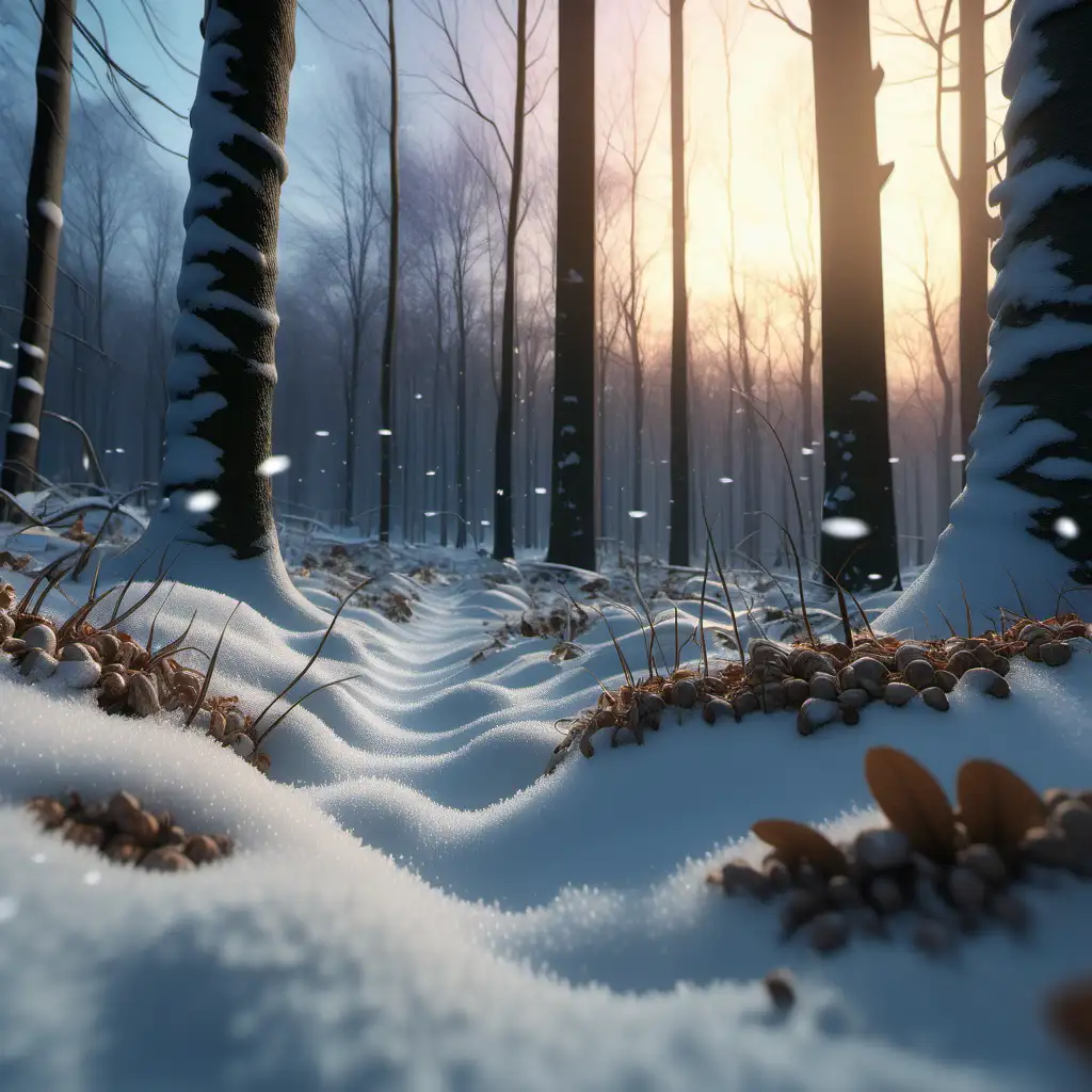 A scenic snowy forest landscape. forest floor in the front, nut with snow, twilight atmosphere, 1080f resolution, ultra 4K, high definition, volumetric light