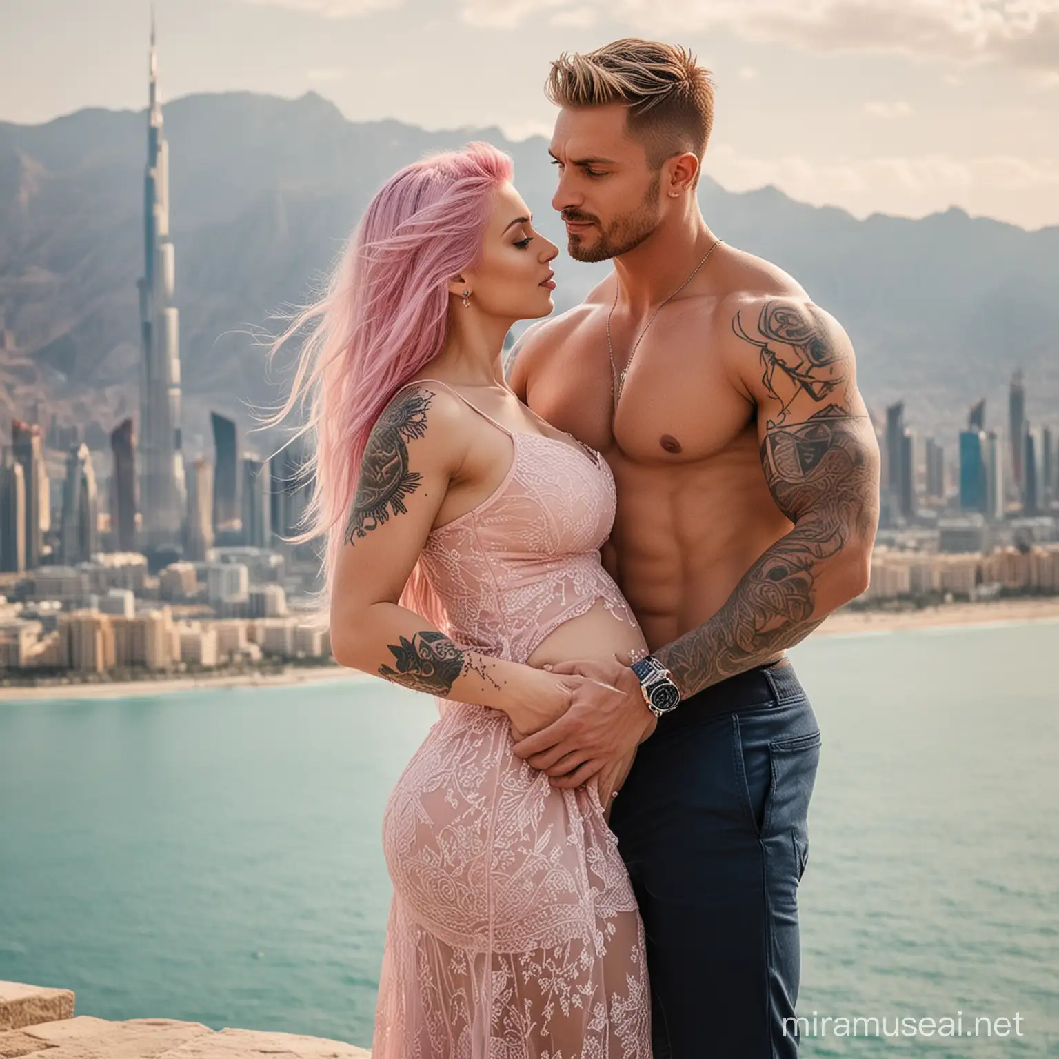 Muscular Man Kissing Pregnant Wife by the Sea with Burj Khalifa View