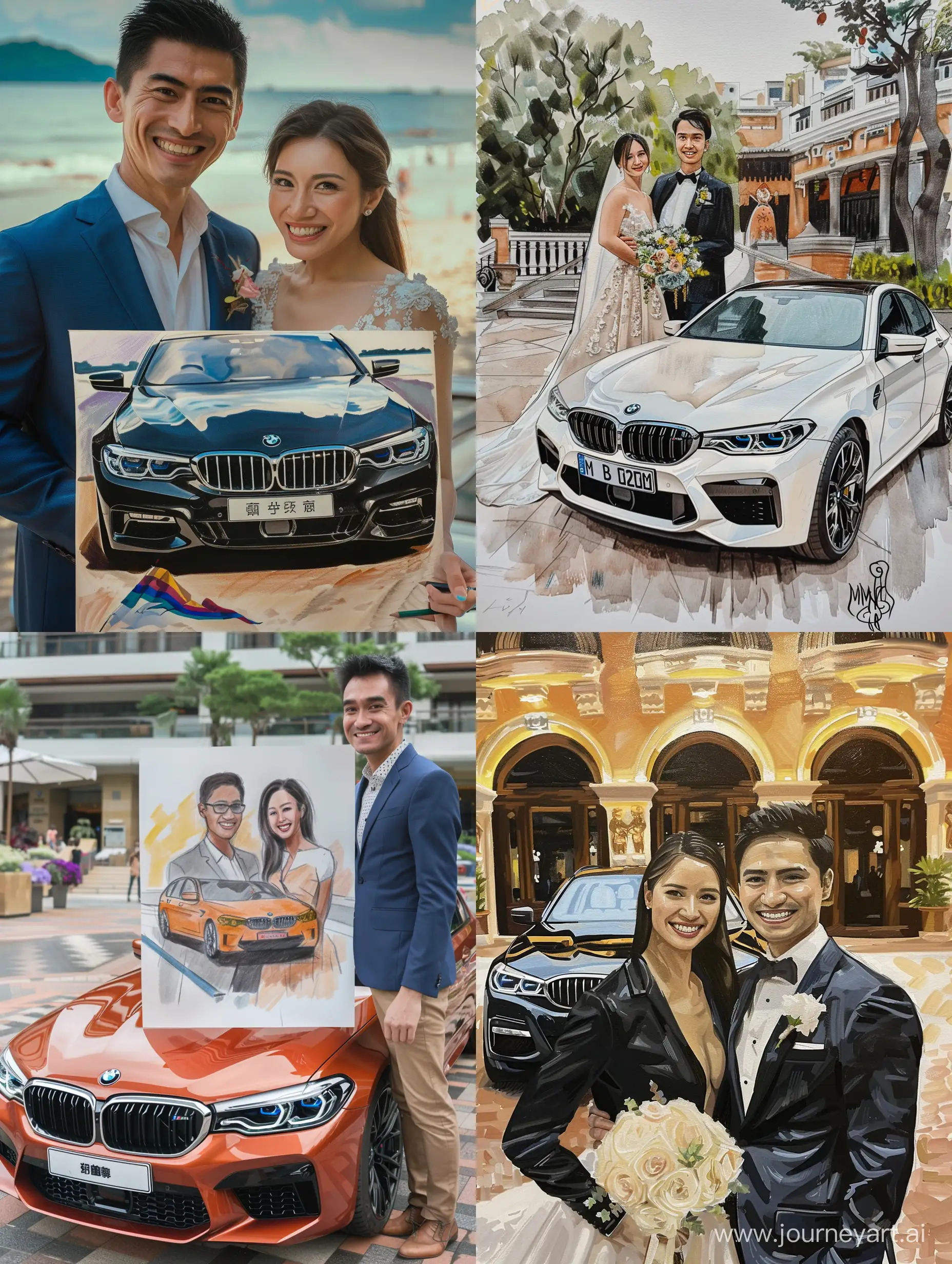 Let the couple draw a picture of the couple in front of the BMW car