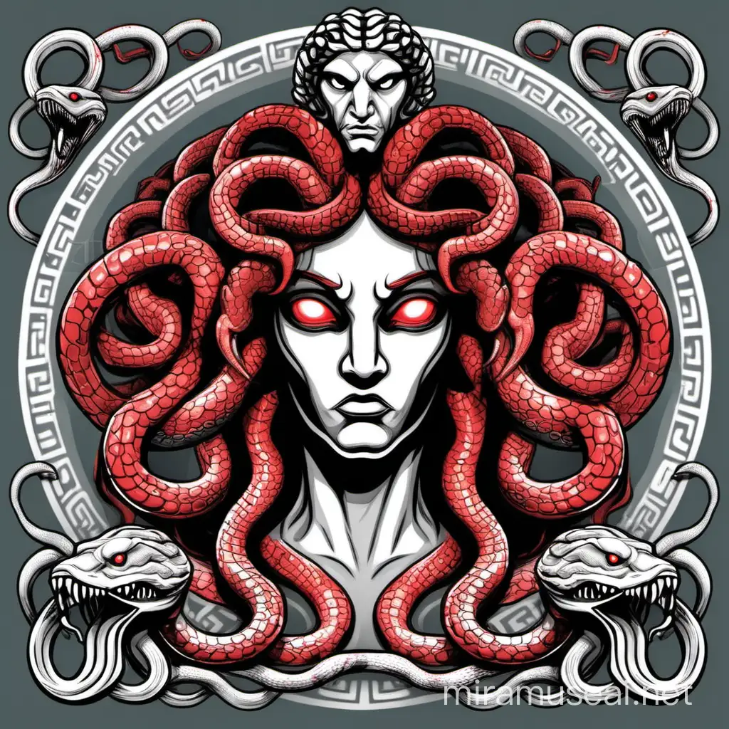 Medusa mitología,cabeza,serpientes,terror,cartoon,dibujo animado,colores grises y rojos,fondo grecia