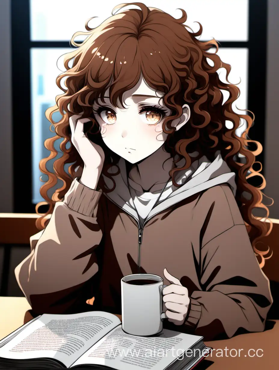 грустная аниме мультяшная девочка с кудрявыми каштановыми волосами за книжкой и кофе