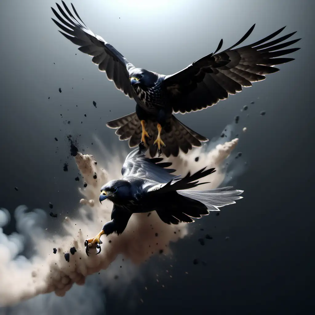 Falcon and Crow MidAir Collision High Detail 4K Photorealistic Image with Impact Smoke Dust