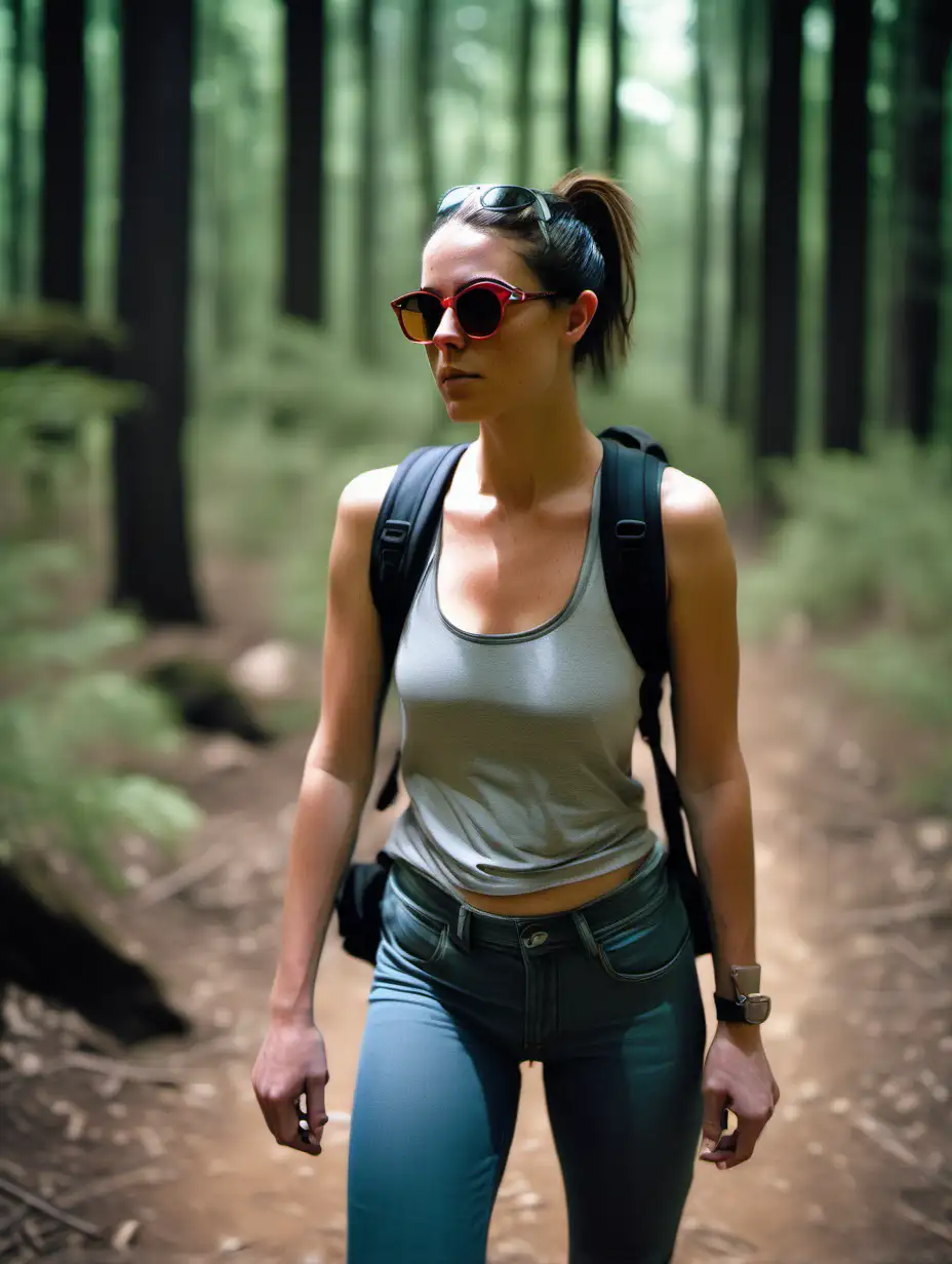 photo, 35mm, dof, natural light, 26 year old woman wearing a small backpack, translucent sunglasses no makeup and freckles, dark hair in a pony tail with forest in the back ground, seductive face, sporty spandex top, loose fitting light color jeans and hiking boots, full body in view from feet to head