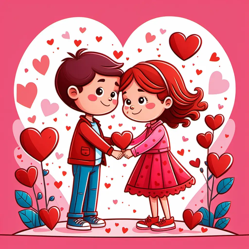 Cheerful Valentines Day Kids Cartoon Illustration in Vivid Colors