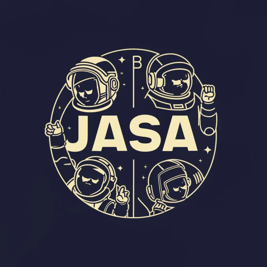 a logo design,with the text """"
JASA
"""", main symbol:make a logo name JASA with 4 astronauts, where this logo have NASA design element in it,complex,clear background