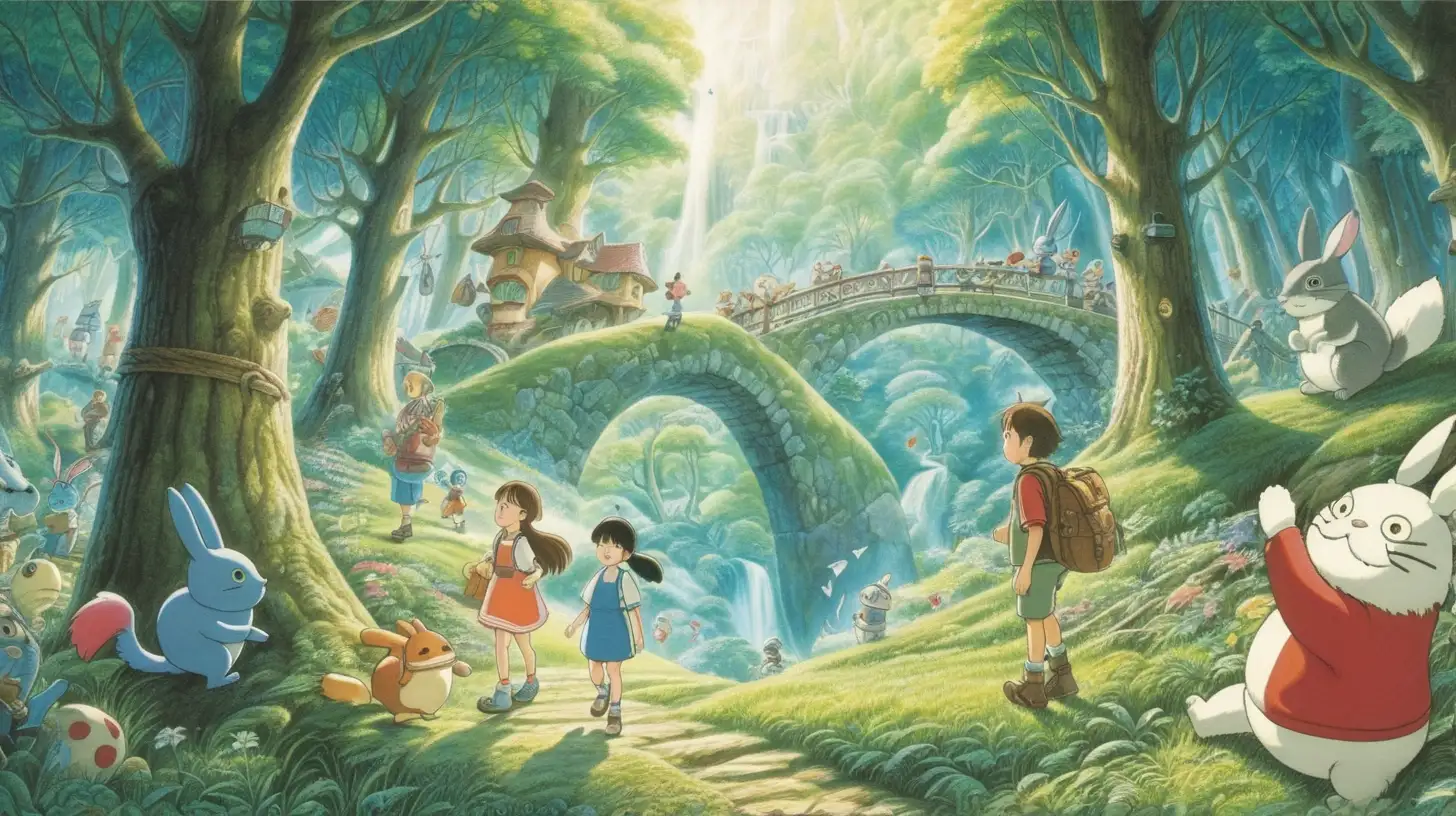 beauiful illustration of fantasy, wonderland, friendly forest, soothing, dreaming, music, amazing detailed game poster, Hayao Miyazaki --ar3:2 --niji 5
