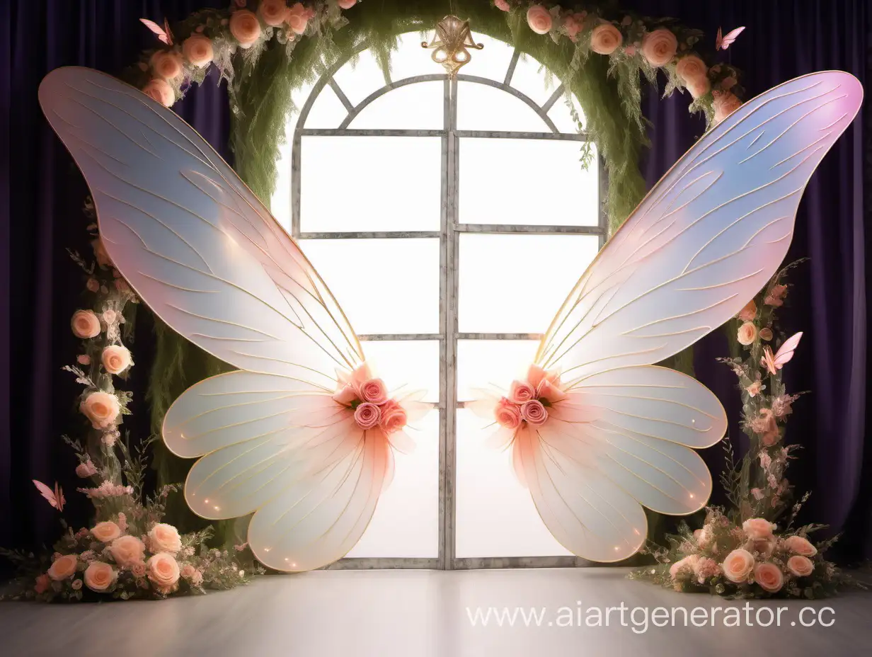 fairy wings backdrop, magic scenario, floral ornament, natural light