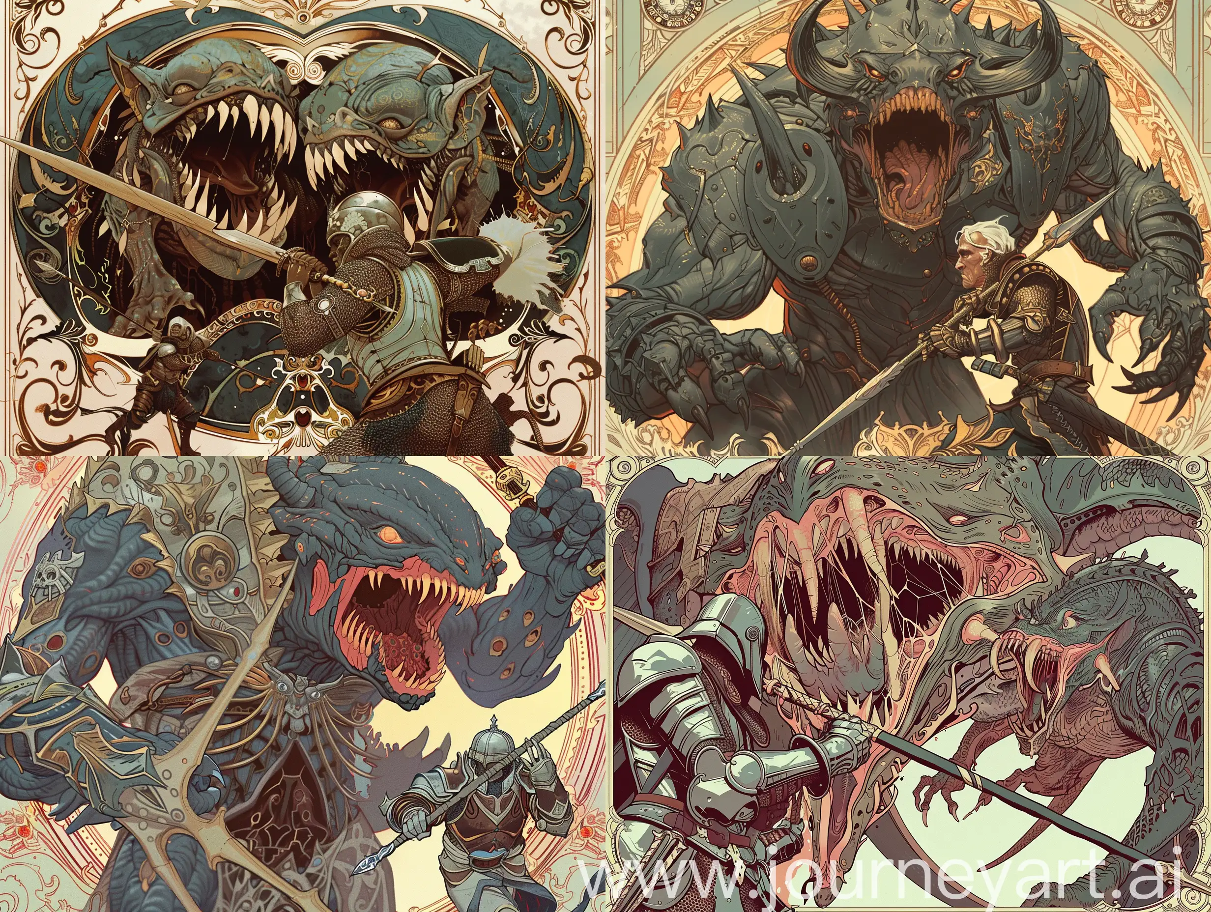 Epic-Art-Nouveau-Warrior-Confronts-Terrifying-TwoHeaded-Monster