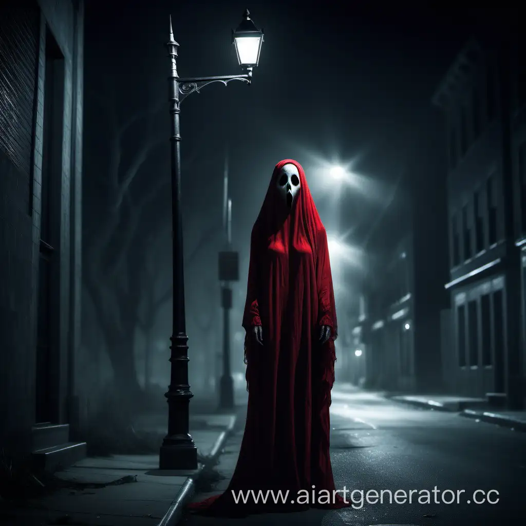 夜晚空无一人的大街上，路灯下面站着一个穿红衣服的女鬼，面目狰狞恐怖