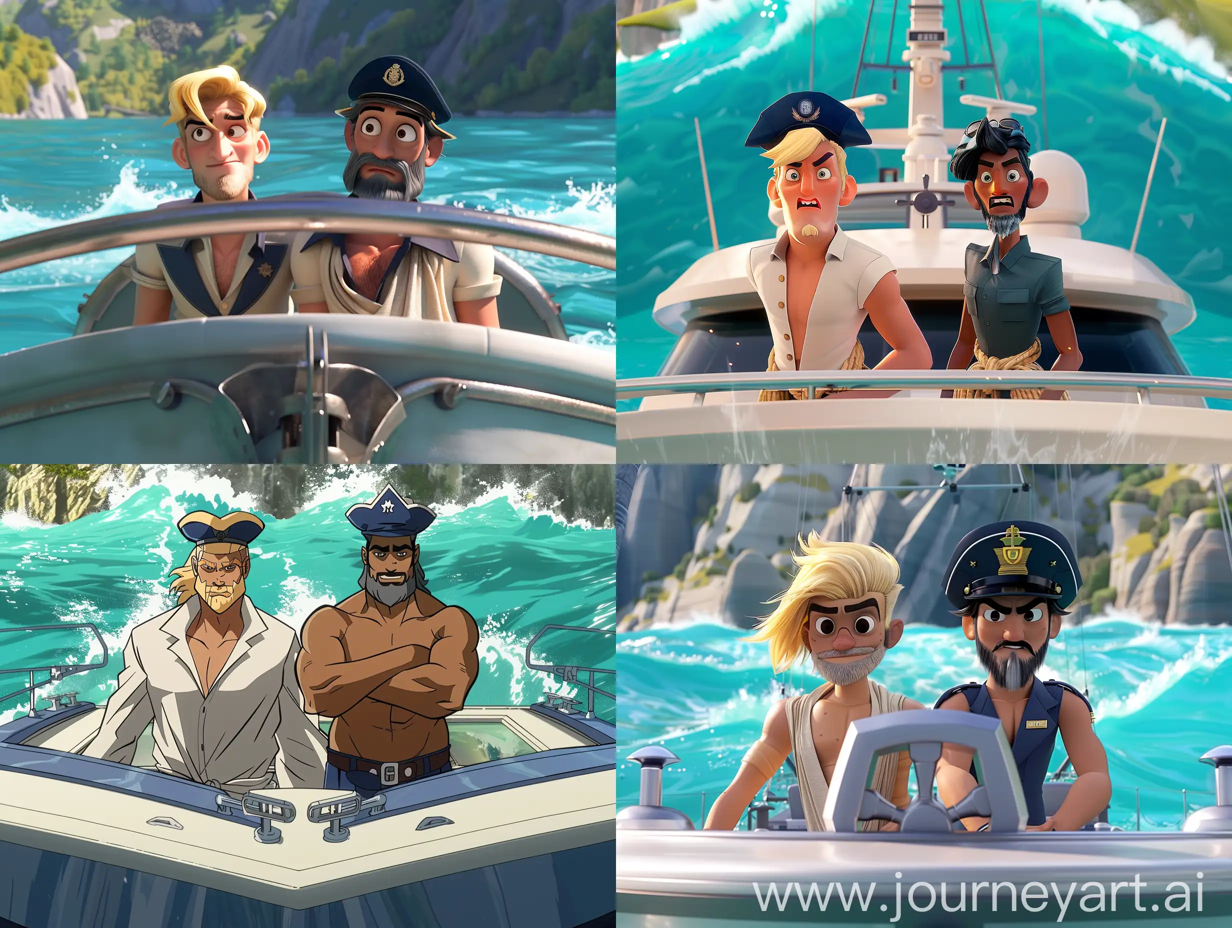 two animated men standing at the front of a large yacht. One has blonde hair, the other has black hair and a grey beard. They are wearing navy captains hats and loose flowing beachwear. The boat is in a lake of brilliant turquoise water with waves crashing behind.