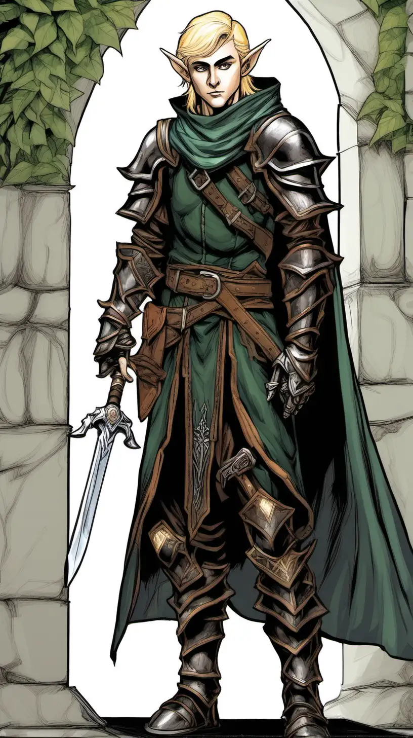 A young elf male rogue with blond hair. D&D setting. Black armor. 