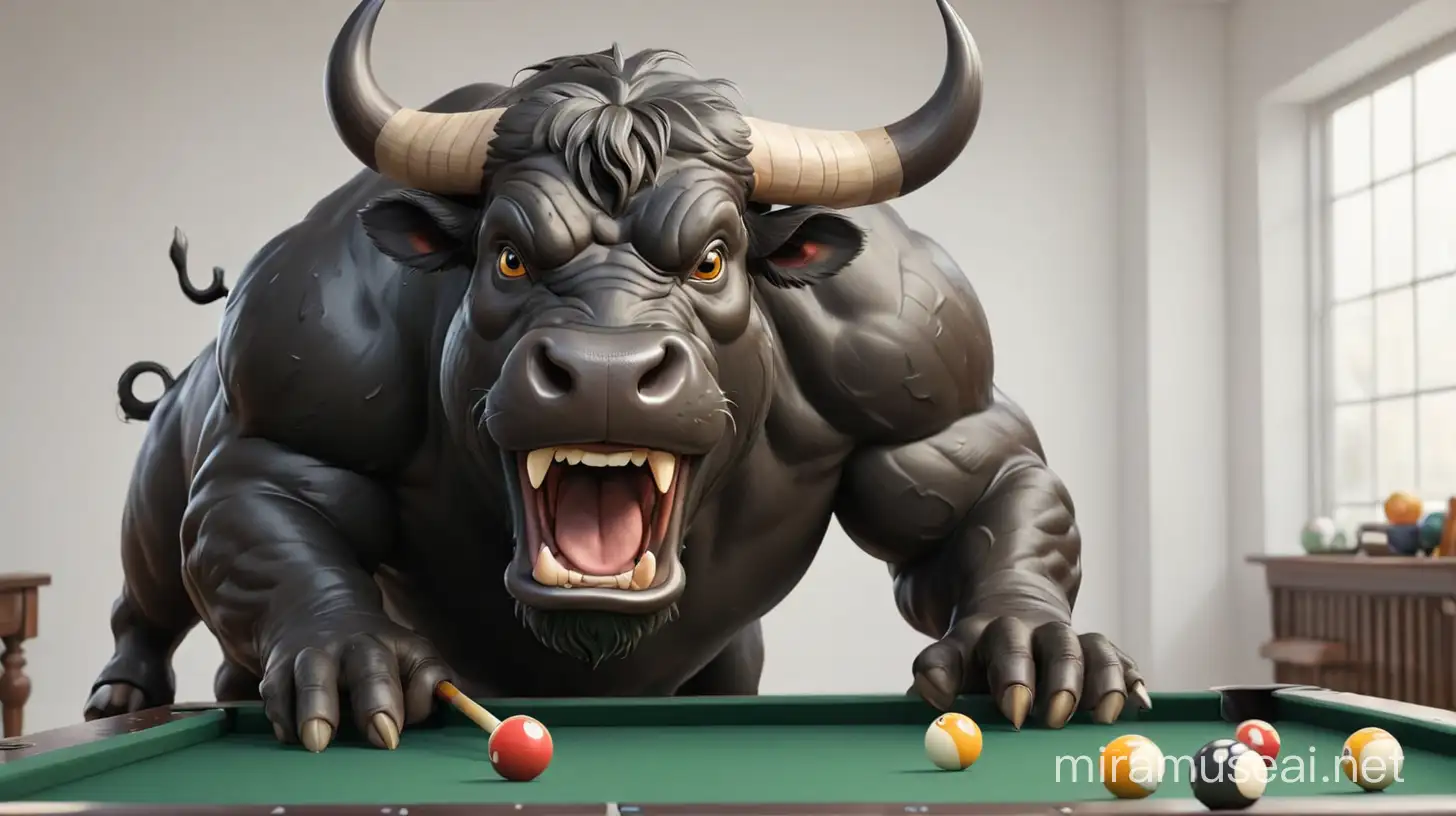 crear un toro negro vectorizado con musculatura  jugando en mesa de billar y la bola numero 1 sobre la cabeza en fondo blanco