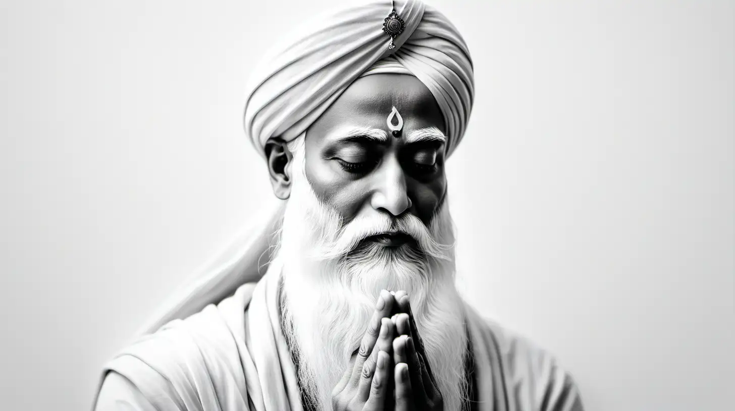 guru nanak, sikh guru in black and white with plain white background. scerene and peaceful image. Eyes closed in prayer?
