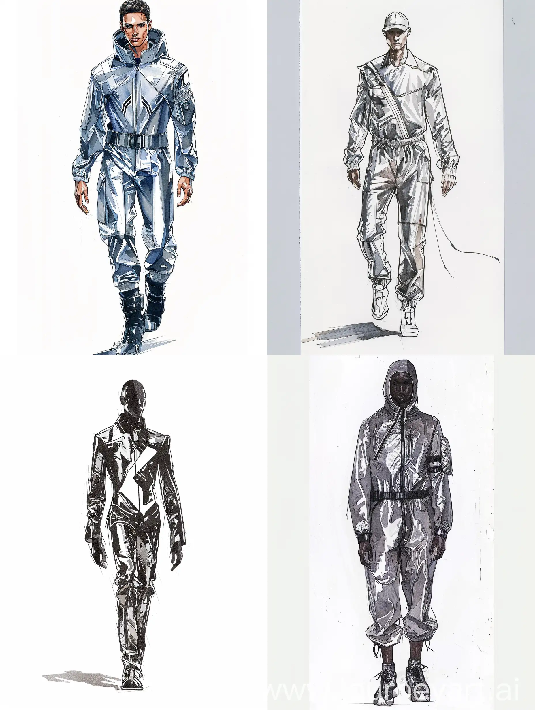 futuristic male utopic metallic jumpsuit fashion runway sketches minimalist illustration

