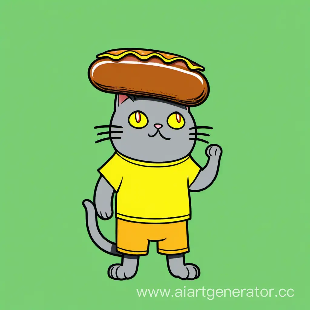 Котик с желтыми глазами,в желтой футболке, в зеленых шортах и с колбасой на голове