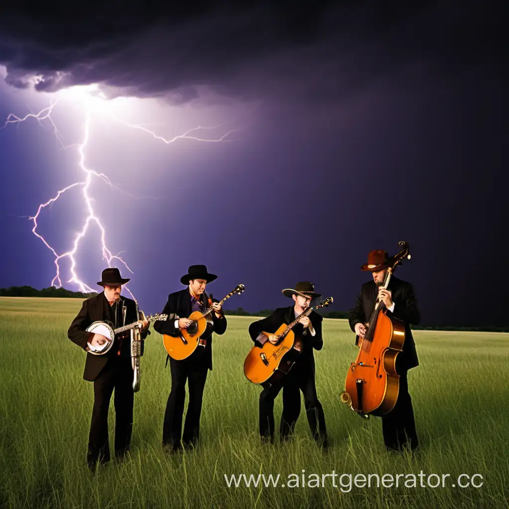 bluegrass band platying instruments in field, lightning bolts striking in background, color photo