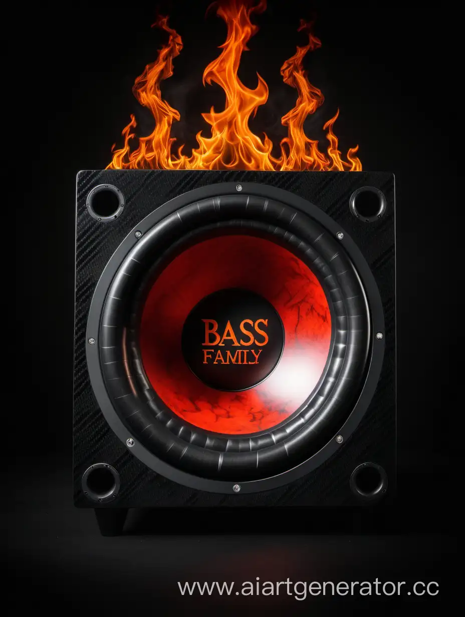 Сабвуфер карбон,надпись Bass Family, в огне, чёрный фон