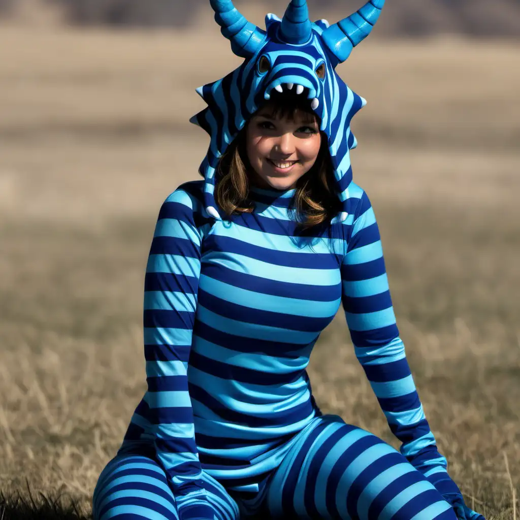 pretty young woman, navy blue pacific blue horizontal horizontal stripes striped costume, transforming into a triceratops, Wyoming, day
