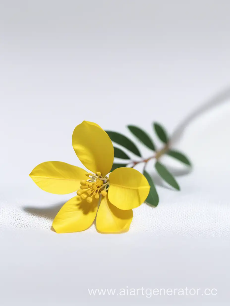 Acacia yellow flower close up 8k laying on white cloth surface background