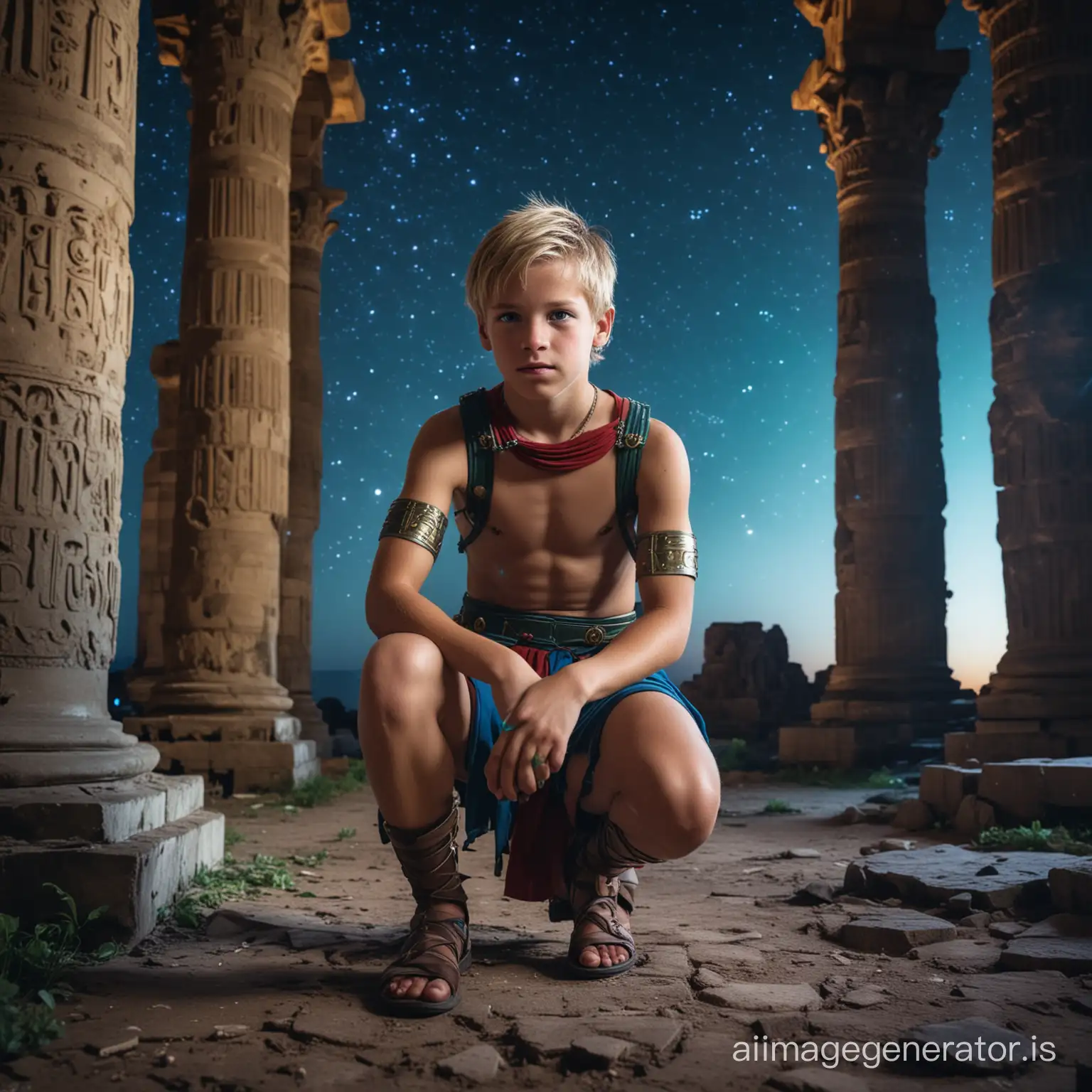 Muscular sweaty young caucasian blond boy crouching.
Dressed as a Roman soldier, shirtless. In the ruins of an Egyptian temple. At night. With blue and green neon colors ambient. The sky is full of stars with a huge galaxy.