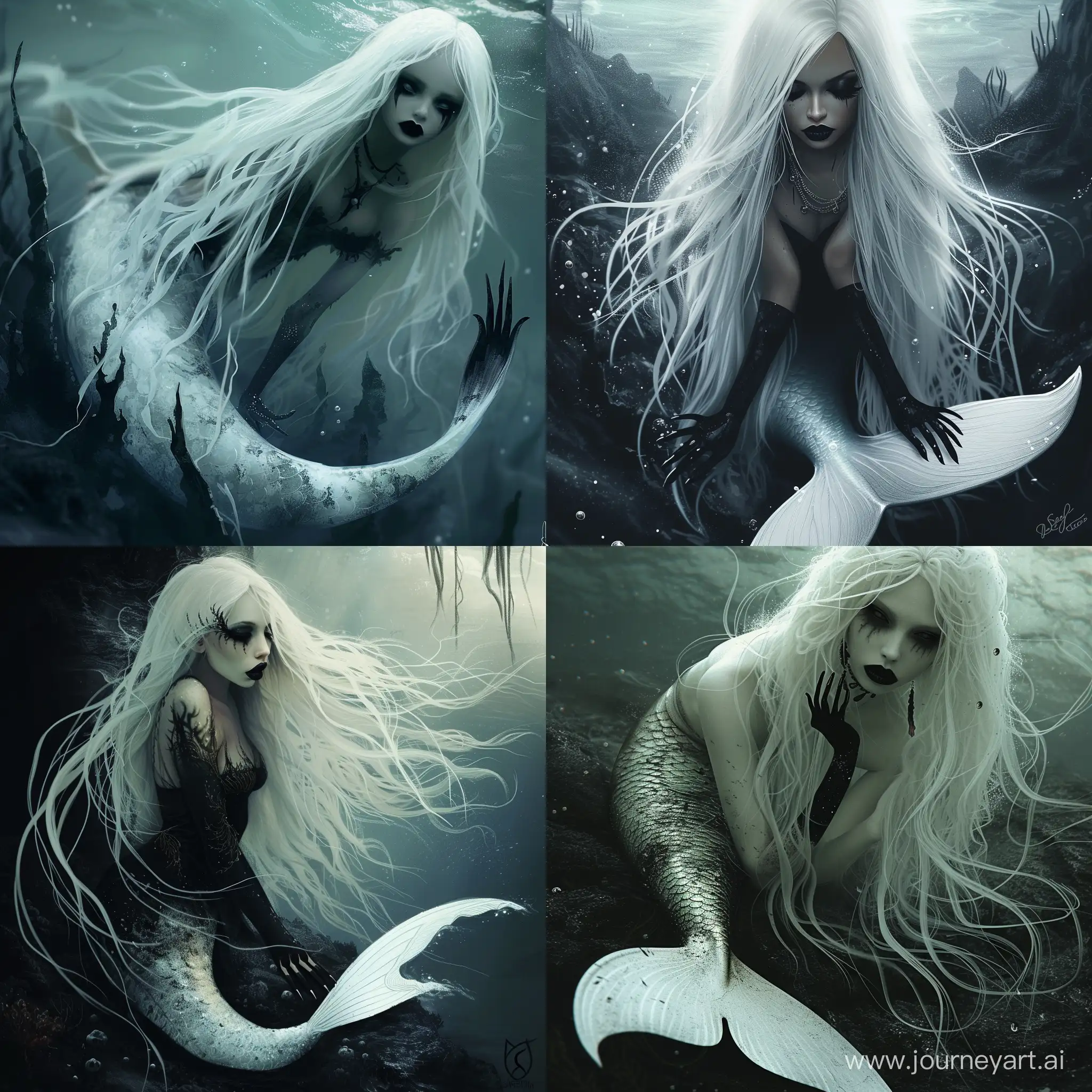 Mermaid with long white hair, black lips, her nails are black, her tail is white, she is at the bottom of the dark and gloomy ocean dark fantasy art style, not realistic