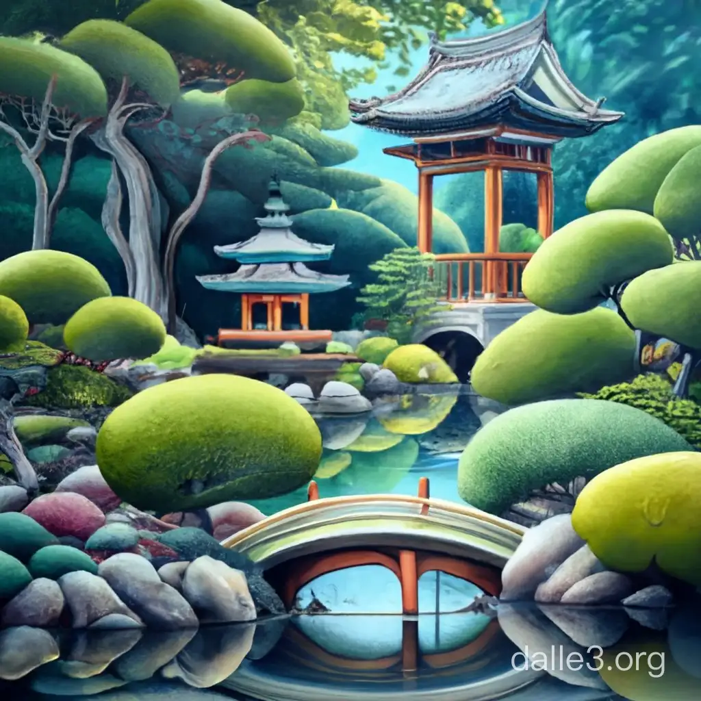 watercolour painting hiperrealistic of a japanesse garden with bonsais