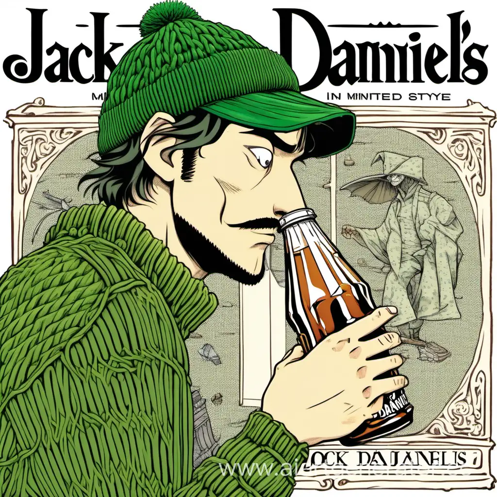 a thin white guy with narrow eyes, a long nose in a green knitted hat, kisses a bottle of Jack Daniels, Miyazaki style