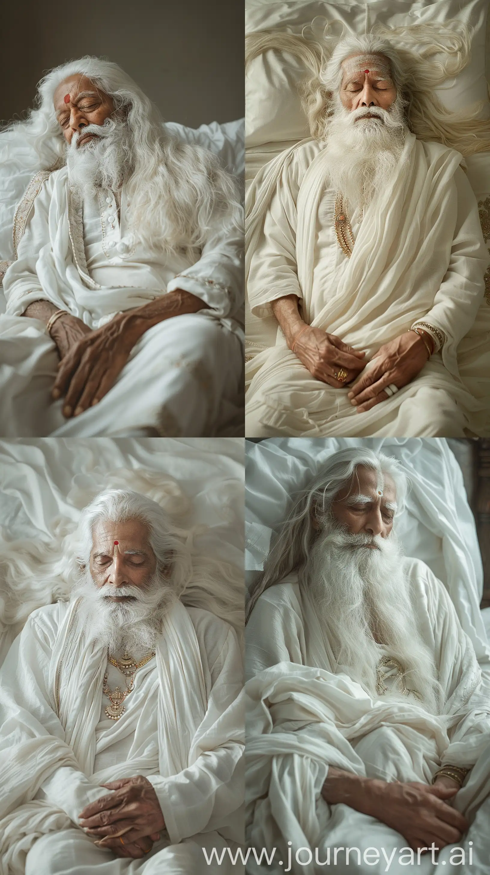 An elderly Indian sage with white long hair and beard, in white attire, lying in the bed, eyes closed, intricate details, high resolution image --s 400 --ar 9:16 --v 6