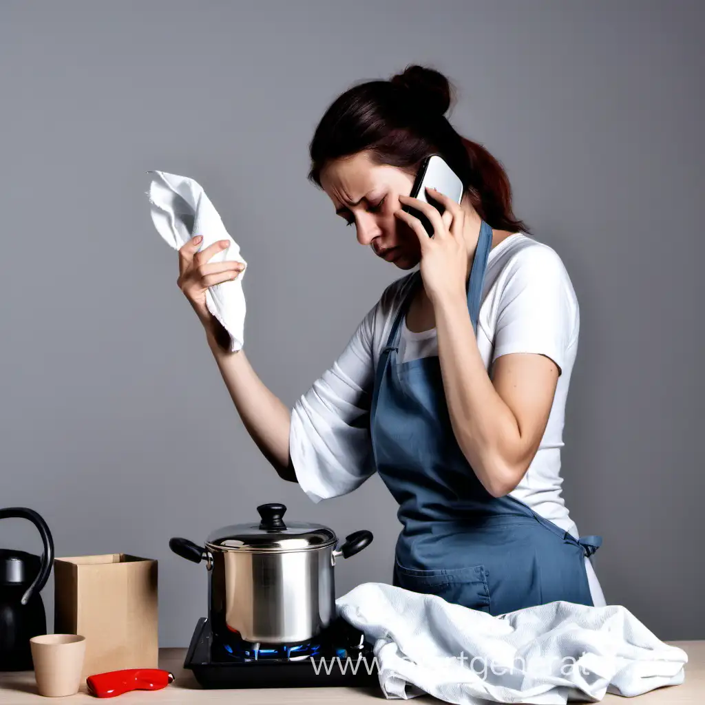 tired, the woman is holding a rag, a saucepan, a phone