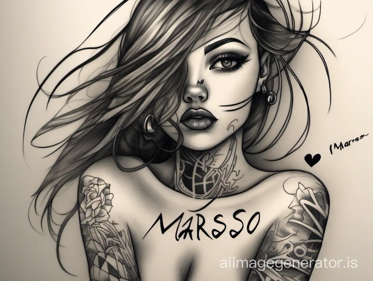 Draw a girl with a tattoo on her chest saying i love Marso