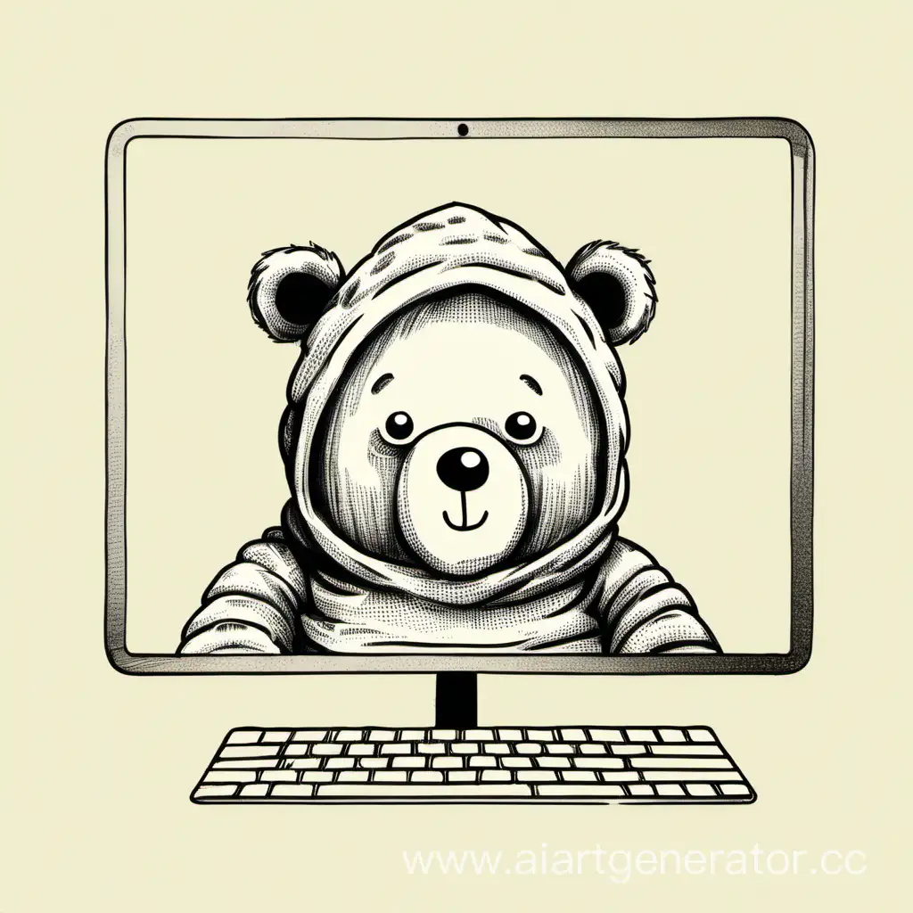 A drawn teddy bear looks at the computer screen in the form of a beehive