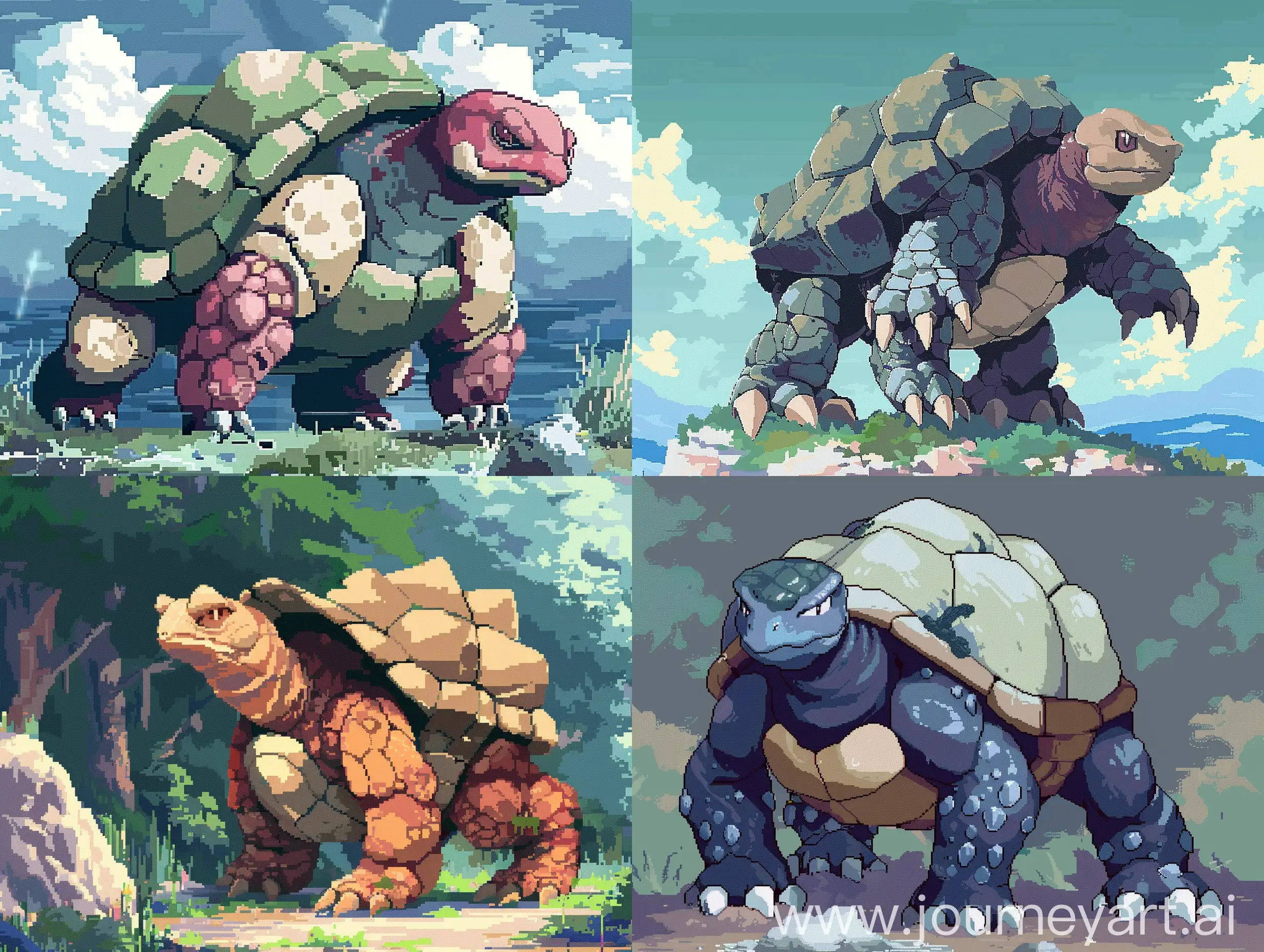  Pokemon who looks like giant tortoise that evolved from tiny toad that evolved from fish, poison/metal type, pixel art, anime style, minimalistic. 