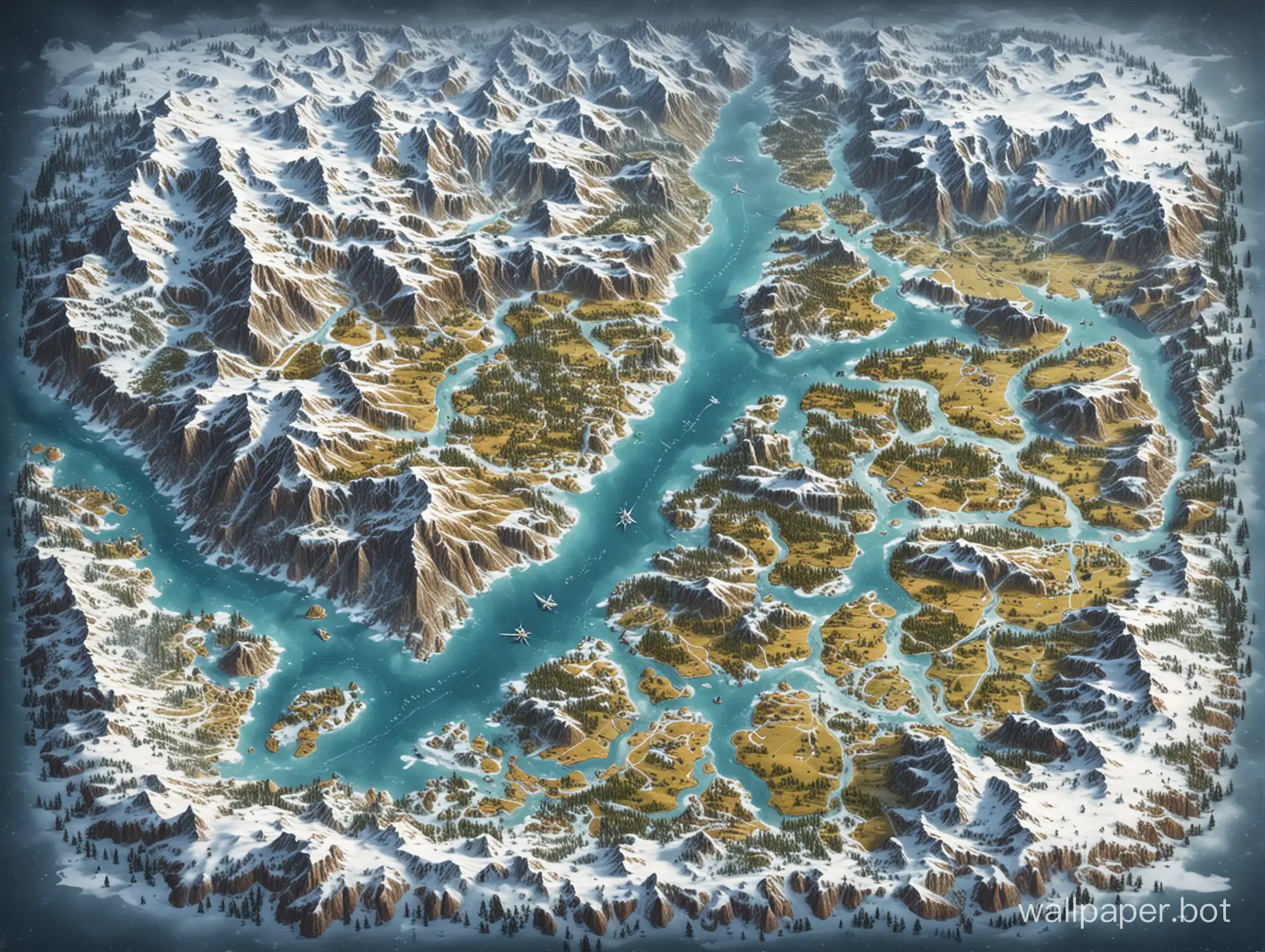 fantasy world map, top view, different landscapes, top view, snow, forests, mountains, rivers, plains, cities