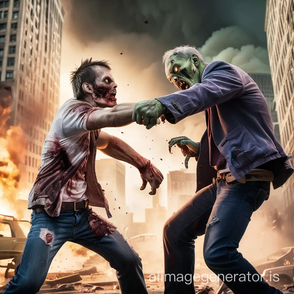 Zombie is punching an innocent man in apocalypse fired city.