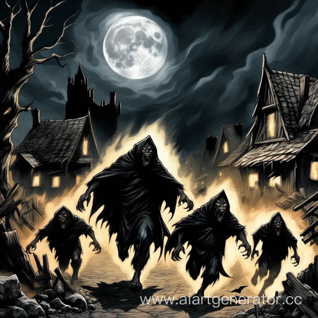 Mystical-Werewolves-Roaming-a-Scorched-Village-at-Night