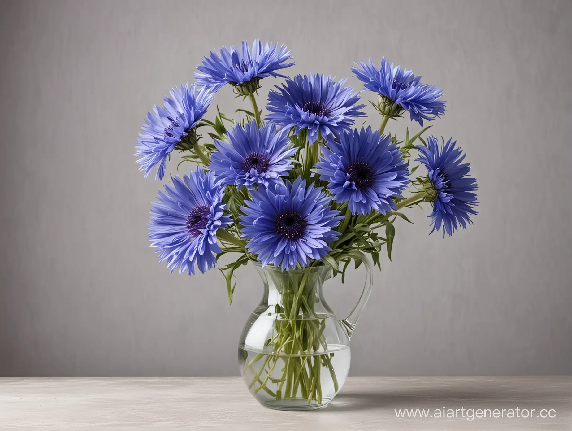 a bouquet of cornflowers in a vase, in the foreground a huge cornflower, transparent background