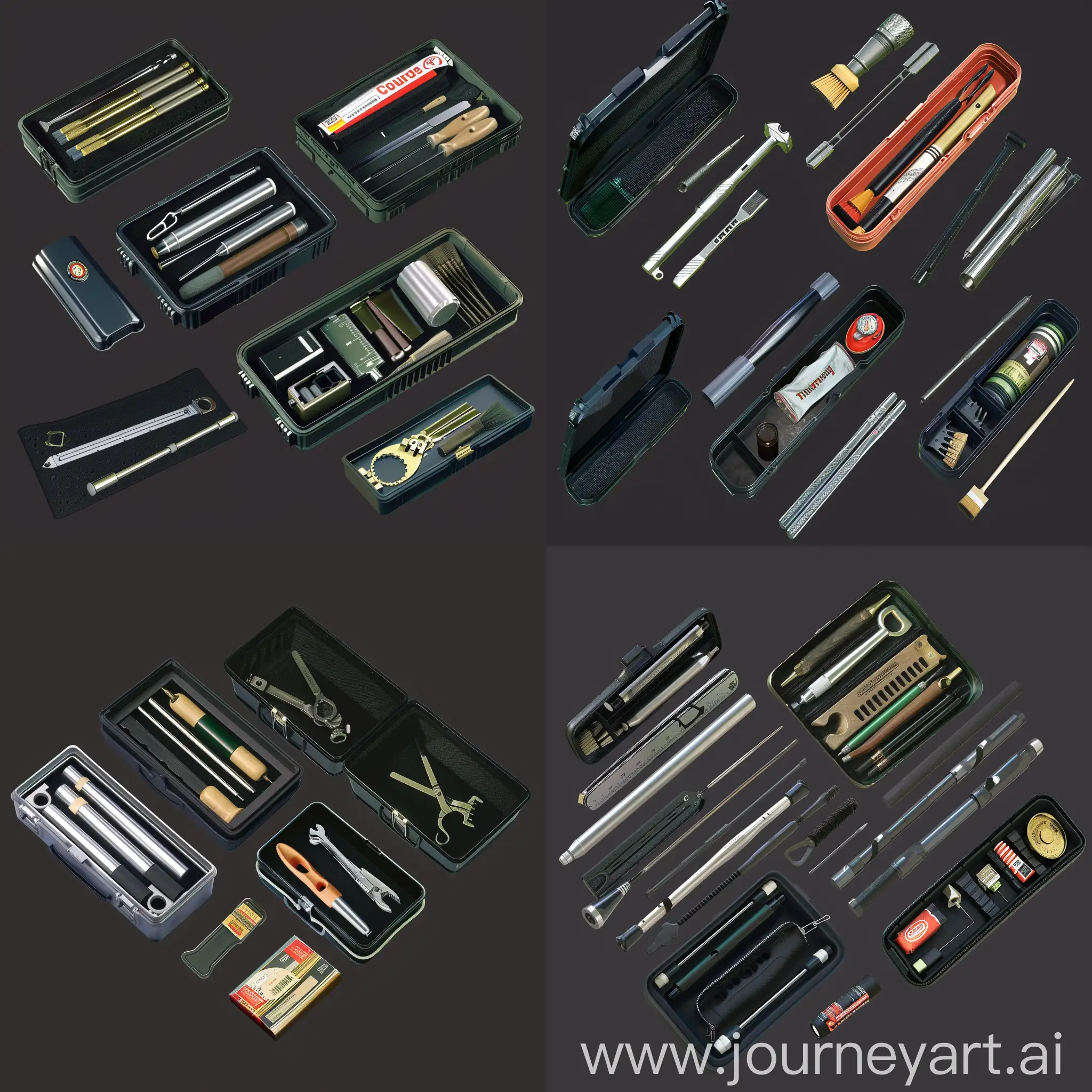 https://i.imgur.com/xMBDPmY.png isometric set of repair instruments industrial cleaning kit inside tiny very thin cylinder metal box in style of unreal engine 5, tools instruments grease cleaning kit, ultrarealistic style, isometric set, hard surface :: black background --chaos 10 --iw 2
