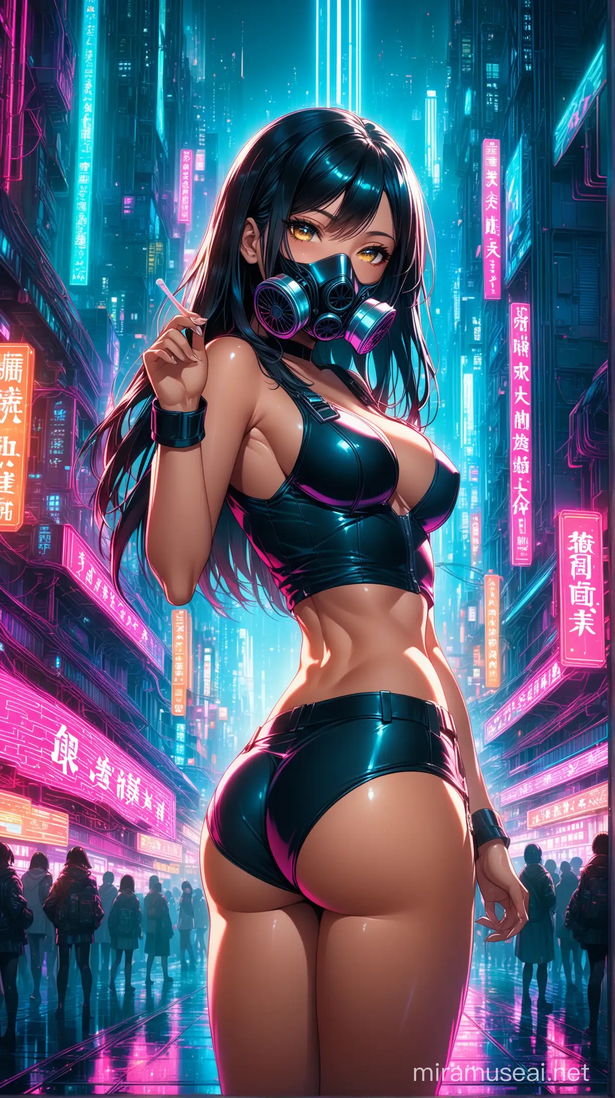 Futuristic Cyberpunk Anime Schoolgirl in Gas Mask Amid Neon Cityscape