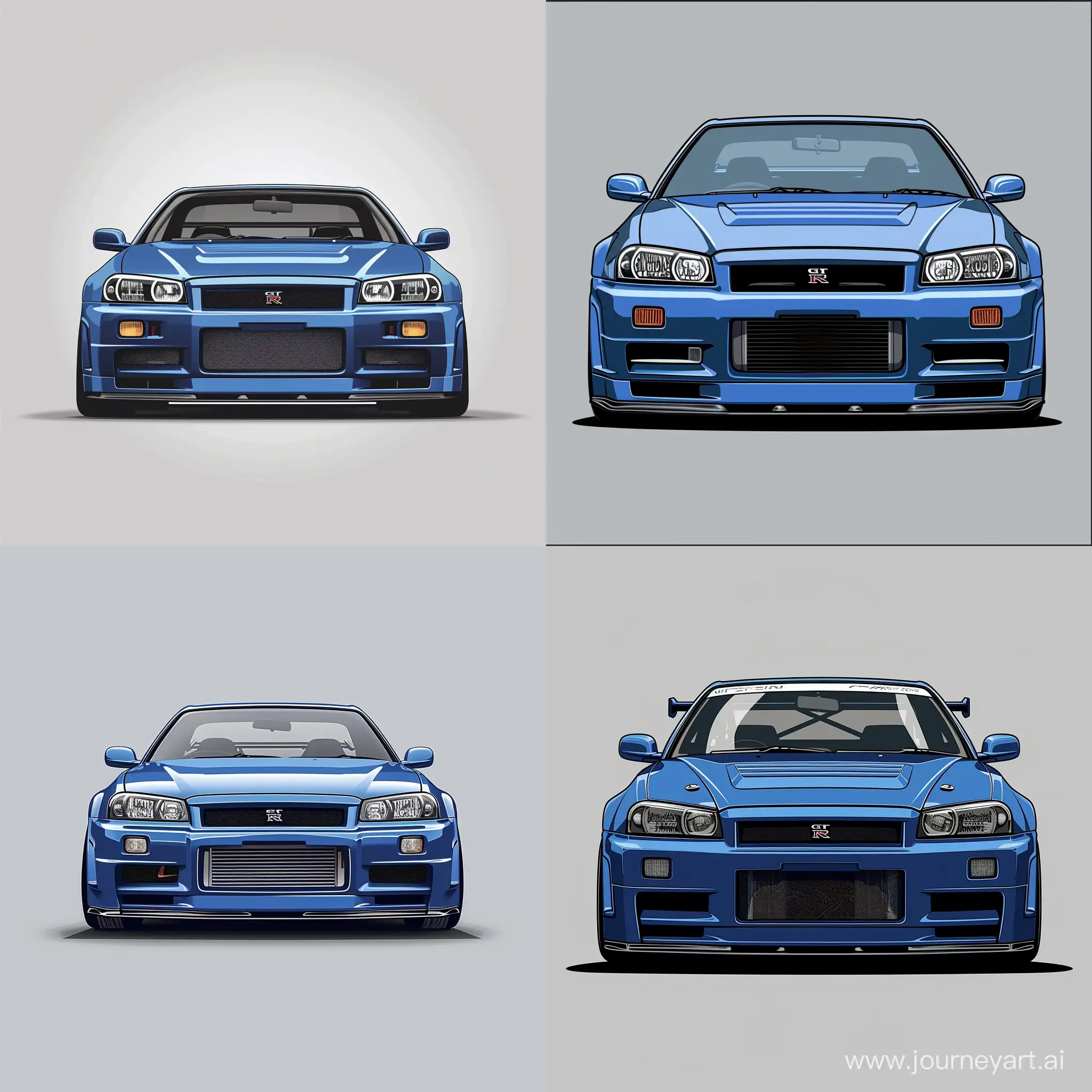 Minimalism 2D Illustration Car of Front View, Nissan Skyline GTR R34: Blue Body Color White Body Stickers, Simple Gray Background, Adobe Illustrator Software, High Precision