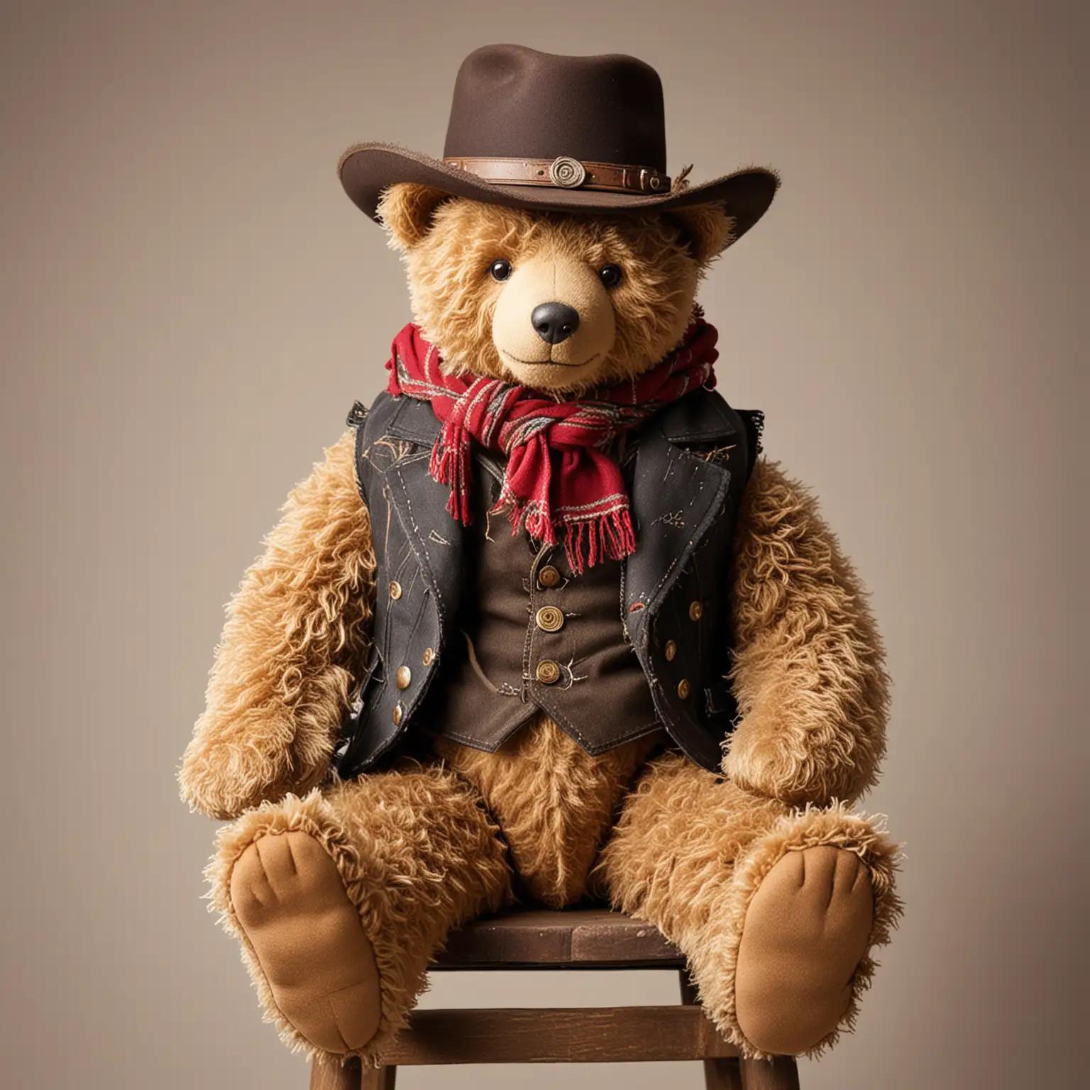 Battered old vintage Teddy Bear Gunslingers, sitting on a stool, dressed as a cowboy with hat, scarf, waistcoat, blank background
