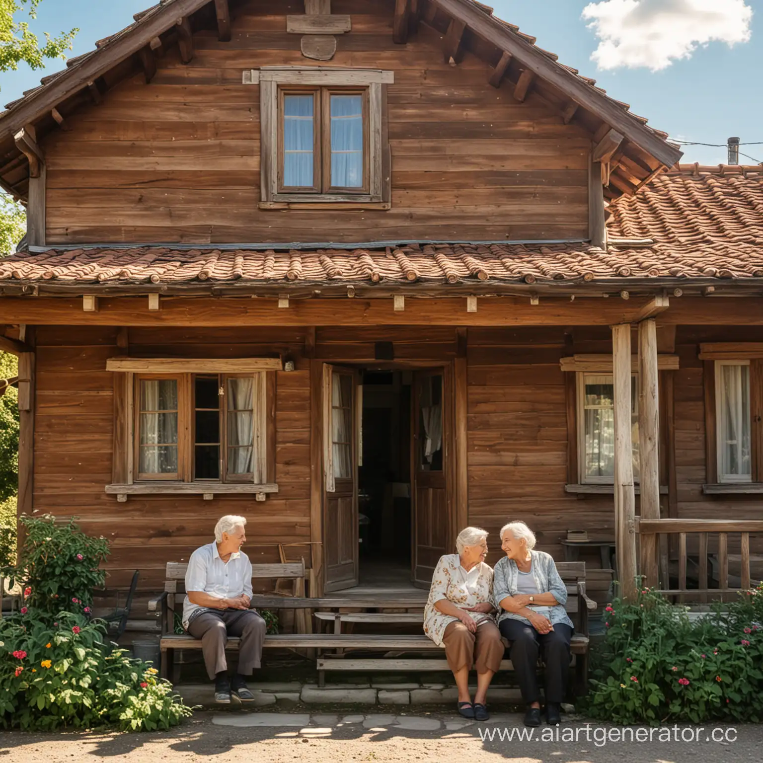 деревянный старый дом, перед домом на скамейке сидят дедушка и бабушка, солнечная погода