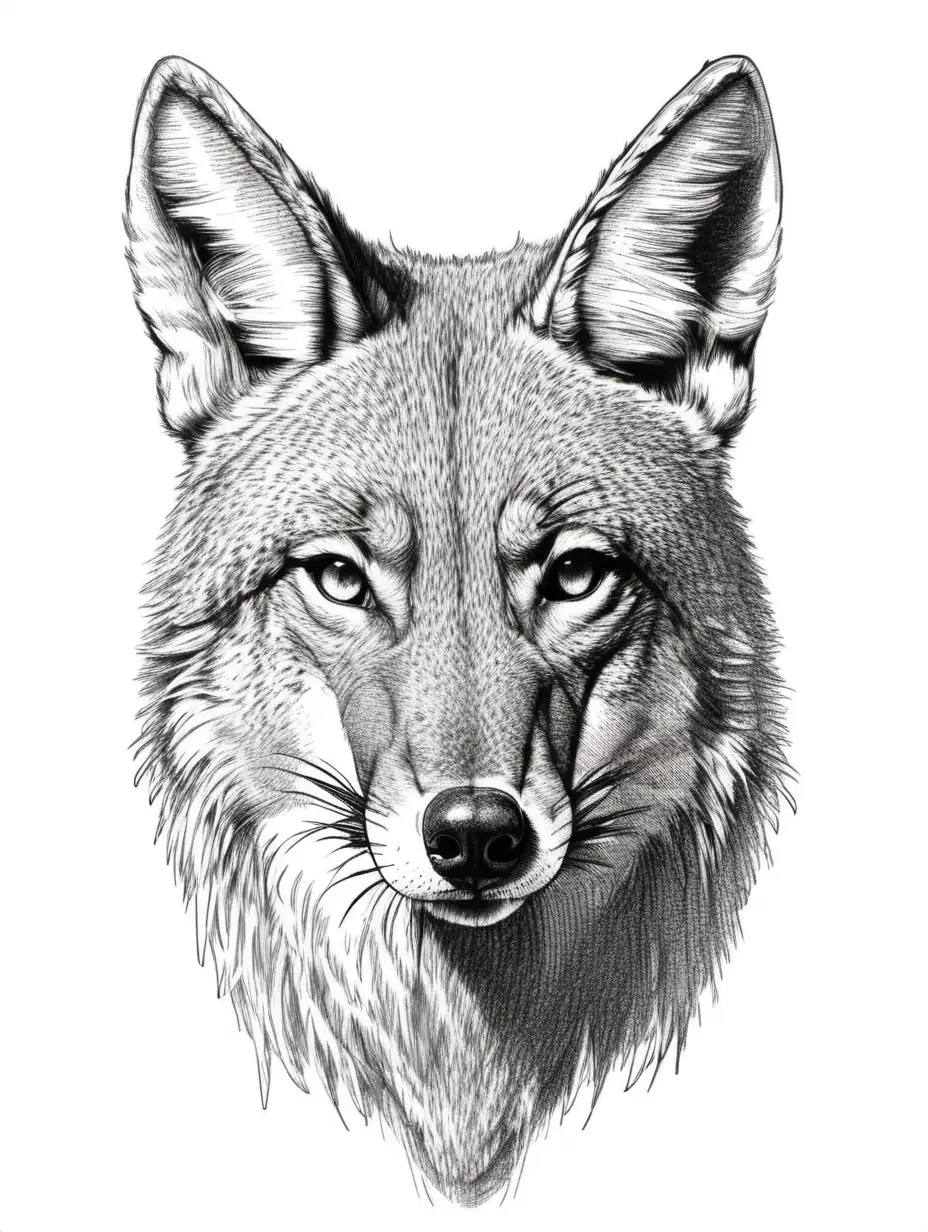 coyote head, pencil sketch hatching, comic hatching, hatching, white background