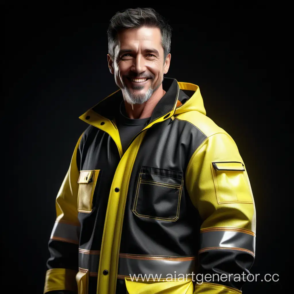30 years old man, smile, front and half-profile view, full length view, wearing beautiful highly insulated workwear, black and luminescent yellow fabrics,
 cinematic, beautiful, elegant, atmospheric，RAW Photo, dynamic composition, G-Master Lens, Photorealistic, Hyperrealistic, Hyperdetailed, natural light, soft lighting, masterpiece, best quality, ultra realistic, 8k, Intricate, High Detail in julie bell style